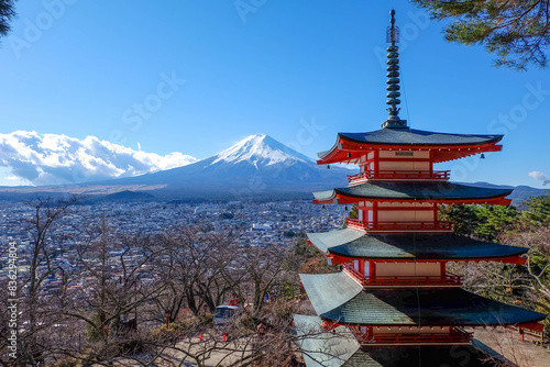 The iconic view of Mount Fuji with the red Chureito pagoda and Fujiyoshida city from Arakurayama sengen park in Yamanashi Prefecture, Japan.