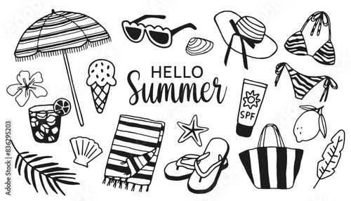 Hand drawn summer vector icon set of elements for summer vacation on the beach isolated on white background
