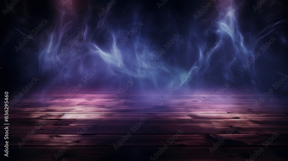 Obraz premium Background of empty dark scene with wooden old floor. Neon light smoke. Dark abstract background. Night wooden table. 