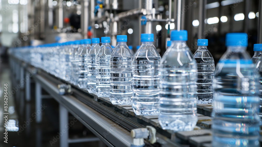 Drinking water bottles on a factory conveyor production line Automatic production of drinking water Advanced technology in food production Drinking water bottles on a factory conveyor production line Automatic production of drinking water Advanced technology in food production