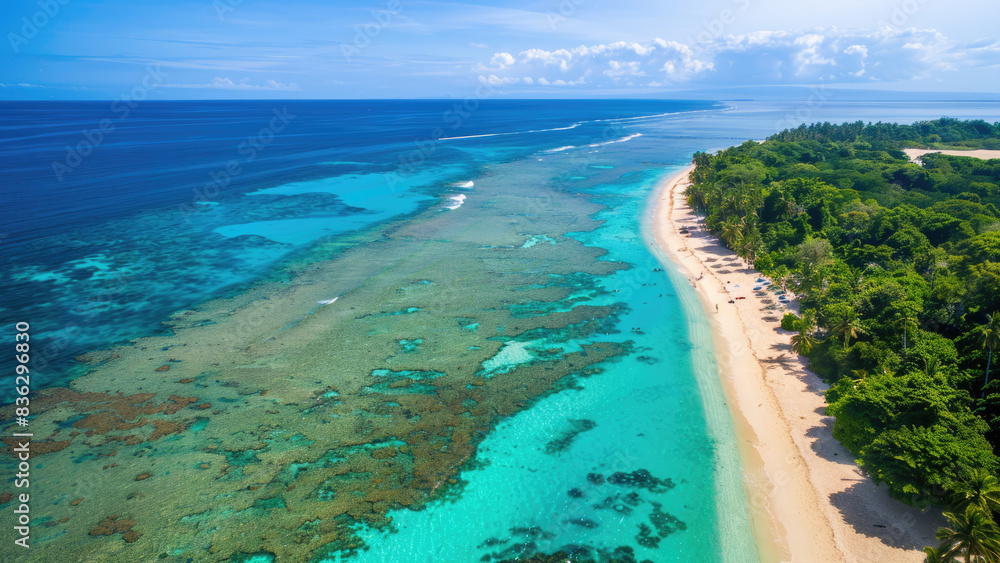 Obraz premium Pristine Tropical Beach with Turquoise Waters and Lush Green Hills