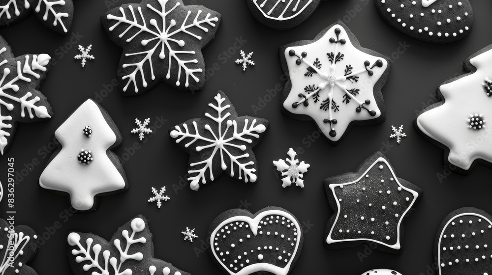 Handcrafted Christmas Cookie Gift in Black and White New Year Theme Top View Panoramic Image Handcrafted Christmas Cookie Gift in Black and White New Year Theme Top View Panoramic Image