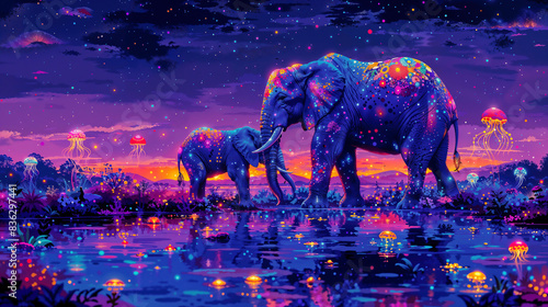 AI generated illustration of elephants wading in water with jellyfish around them photo