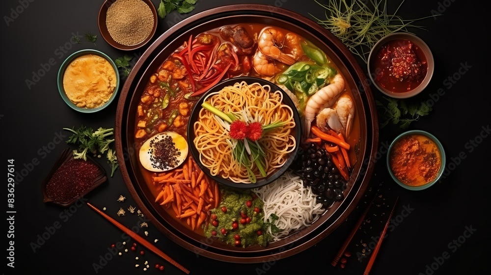 Top view composition of diverse asian cuisine in bowls including sushi, ramen, dumplings, and stir-fried vegetables on a wooden table.
Top view composition of diverse asian cuisine in bowls including sushi, ramen, dumplings, and stir-fried vegetables on a wooden table.