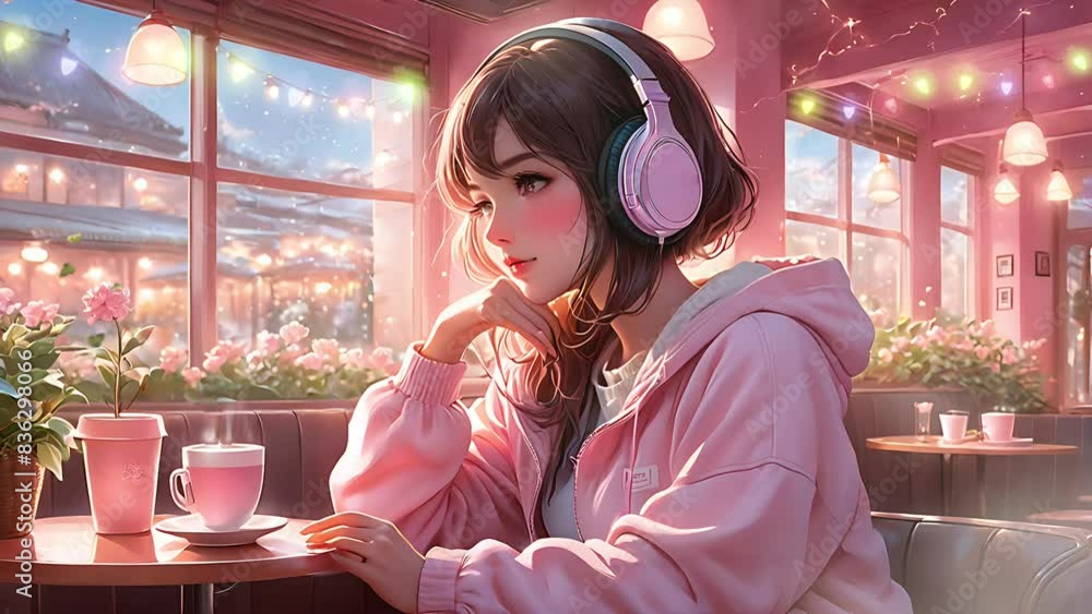 an anime girl listens to music through her headphones with a cup of ...