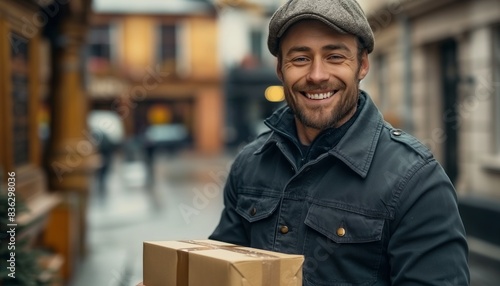 Smiling man wearing cap holding a parcel