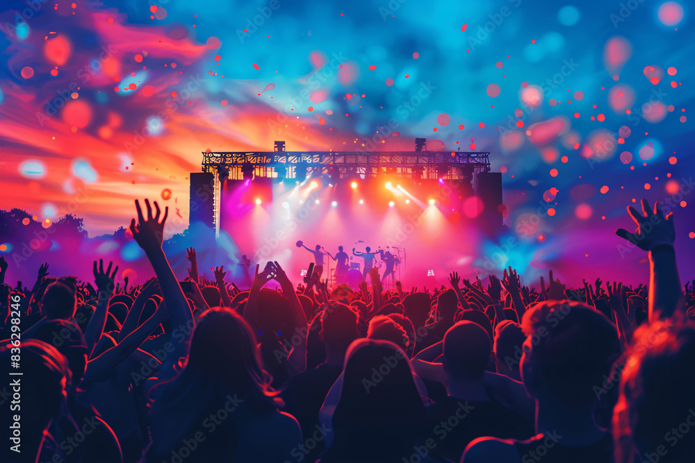 People are seen from behind dancing and waving their hands in the air at a festival or concert, with colorful lights and a party atmosphere People are seen from behind dancing and waving their hands in the air at a festival or concert, with colorful lights and a party atmosphere