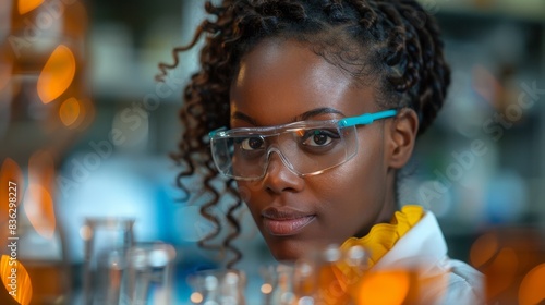 Close-up of an African woman scientist concentrating on her research in a well-equipped laboratory