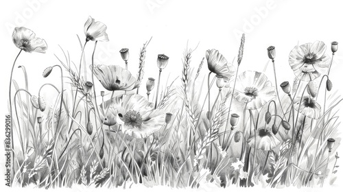 Sketches of wild flowers in black and white capturing the essence of nature including poppies and grass in a meadow filled with eco friendly field thickets photo