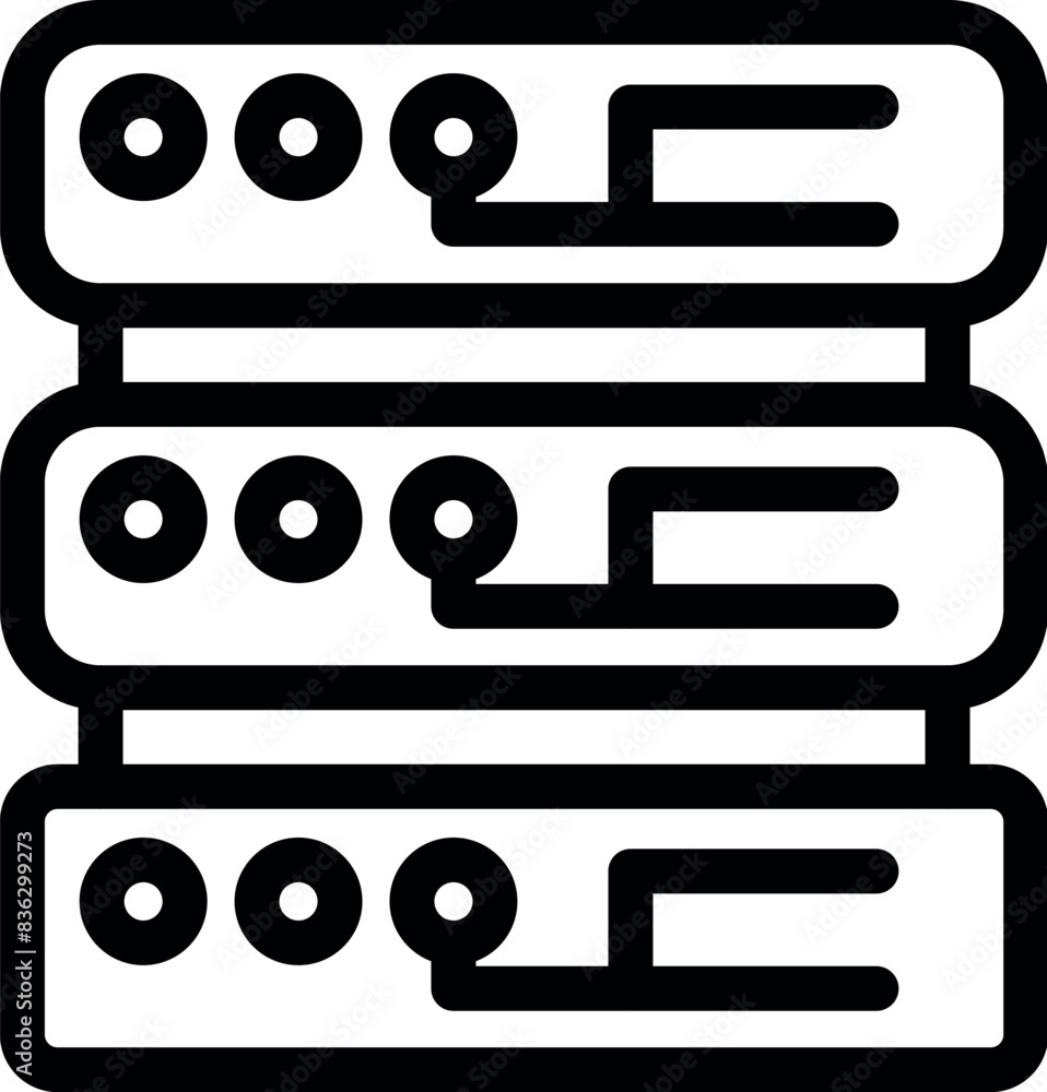 Black and white line art icon depicting multiple server racks for tech and networking concepts Black and white line art icon depicting multiple server racks for tech and networking concepts