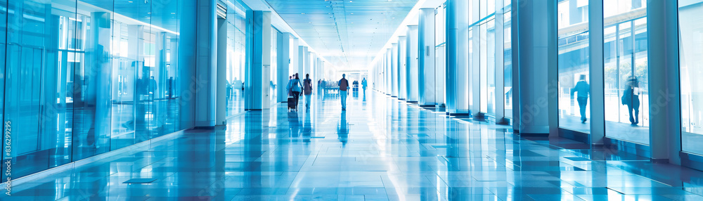 Expansive hallway in an office or mall, captured in light blue blur for a panoramic background image Expansive hallway in an office or mall, captured in light blue blur for a panoramic background image