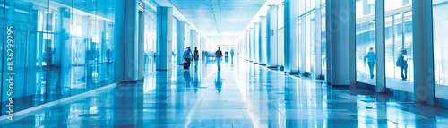 Expansive hallway in an office or mall, captured in light blue blur for a panoramic background image © Natchaya