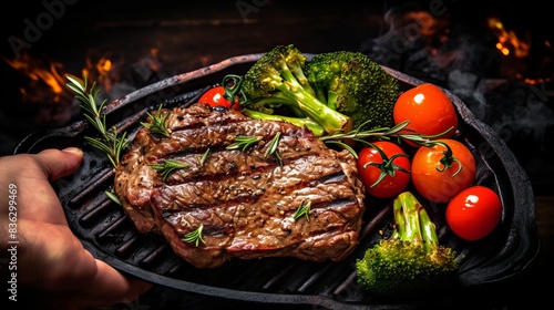 Grilled beef steak with carrots, cherry tomatoes, and broccoli in a cast iron pan - american cuisine concept with copy space 