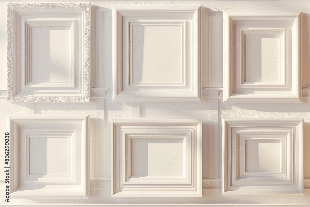 A row of white frames, each with a different size and shape A row of white frames, each with a different size and shape