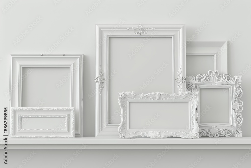 A row of white frames, each with a different size and shape A row of white frames, each with a different size and shape