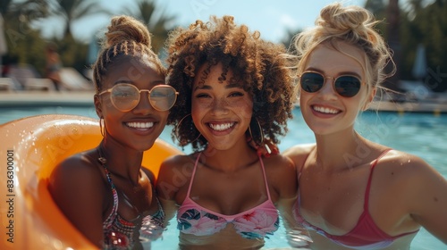 Cheerful and diverse group of female friends enjoying a sunny day in the swimming pool, sharing smiles