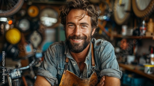 A joyful man with a beard wearing a denim shirt and apron standing in a garage filled with various items  exuding a casual vibe