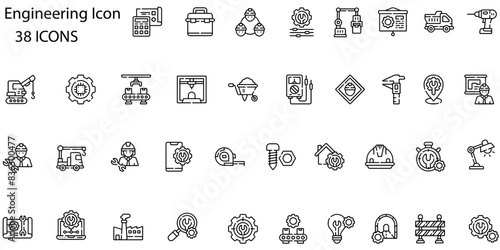 Engineering icon set. Containing blueprint, engineer, tools, construction, mechanical, industrial, worker, engine, manufacturing and machinery icons. Solid icon collection. Vector illustration.
