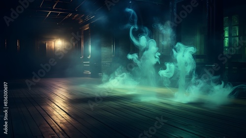 Background of empty dark scene with wooden old floor. Neon light smoke. Dark abstract background. Night wooden table. 