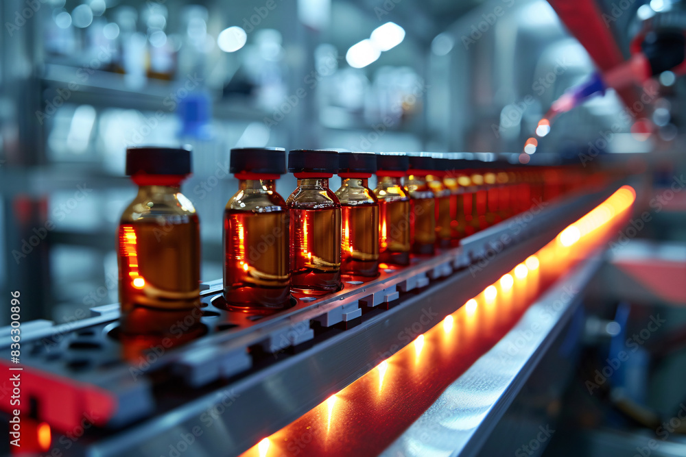 Vaccine production concept, small bottles of medicine or vaccines being produced in a factory Vaccine production concept, small bottles of medicine or vaccines being produced in a factory