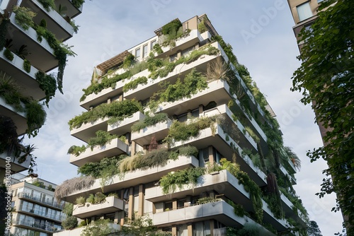 Modern multi story building with unique design, lush green balconies, harmoniously blending urban nature photo