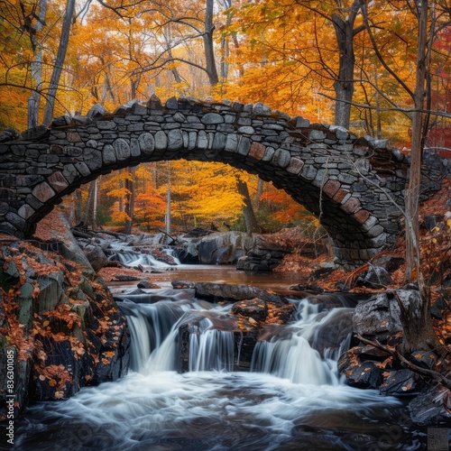 A bridge over a stream with a waterfall photo