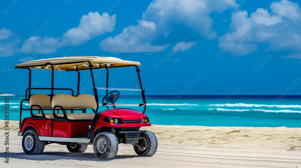 Tropical Tranquility: Red Golf Cart Enjoying Beach Bliss