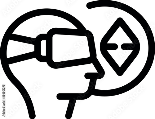 Simplified black icon illustrating a person using a vr headset connected to digital content