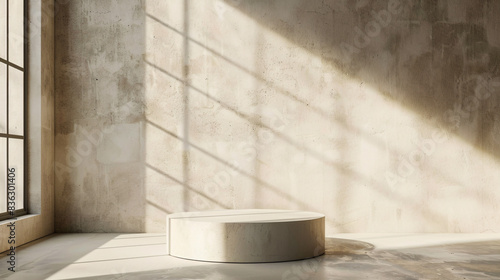 Podium against light wall under window sunlight, minimal shadow play for background setting