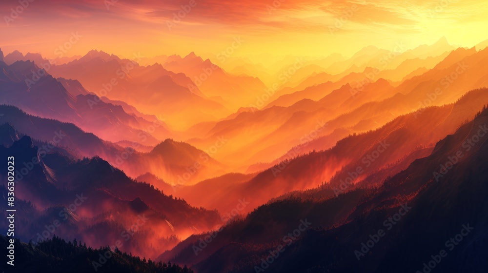 Vibrant sunrise over misty mountain ranges Vibrant sunrise over misty mountain ranges