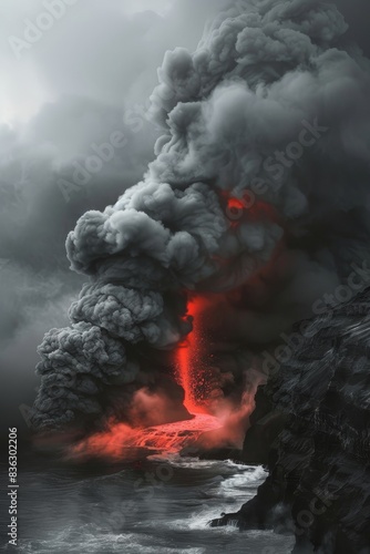 the gate to hell through a volcanic vent with hot lava and smoke. A dangerous journey through volcanic landscapes.