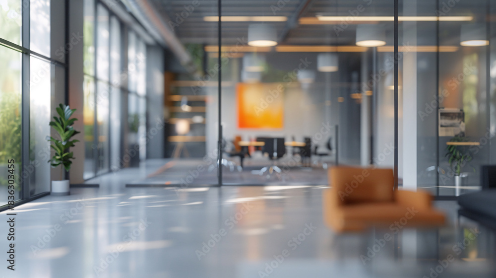 Elegant blurred office interior, gray palette with orange color splashes and wide windows for light Elegant blurred office interior, gray palette with orange color splashes and wide windows for light