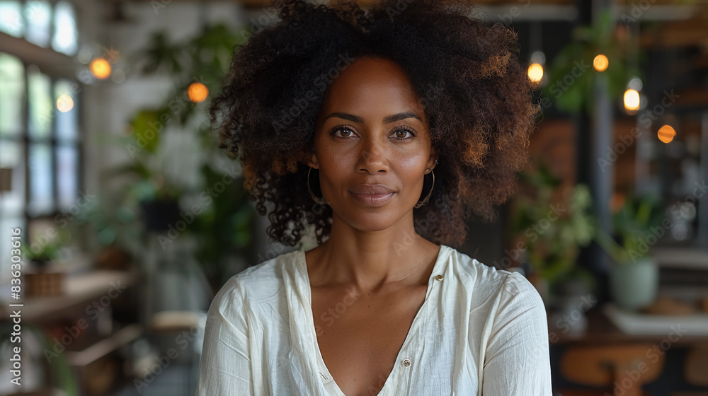 A woman with curly hair is standing in front of a potted plant A woman with curly hair is standing in front of a potted plant