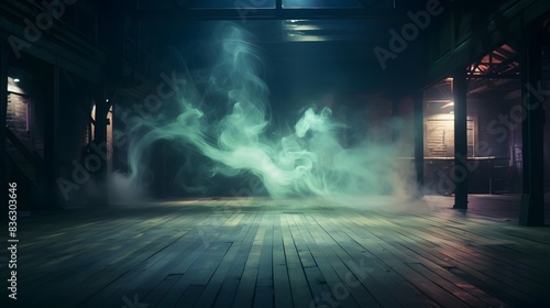 Background of empty dark scene with wooden old floor. Neon light smoke. Dark abstract background. Night wooden table. 