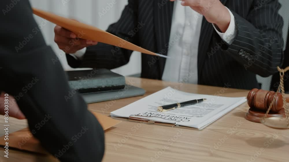 lawyer reading and checking and discuss document from sealed letter matters of law and contract to clients and gavel hammer.