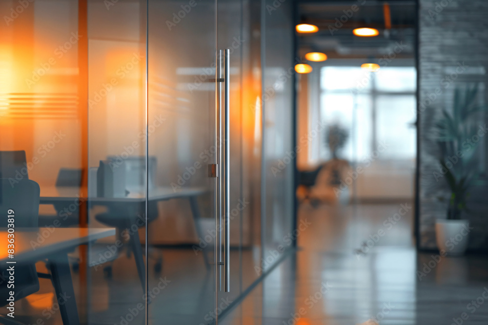 Gray-toned office space, blurred background with glass partitions and vibrant orange highlights Gray-toned office space, blurred background with glass partitions and vibrant orange highlights
