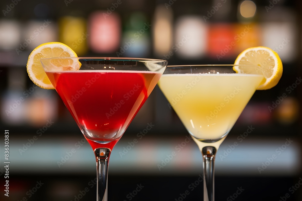 Vibrant red and yellow cocktails in martini glasses with lemon garnish, blurred background Vibrant red and yellow cocktails in martini glasses with lemon garnish, blurred background