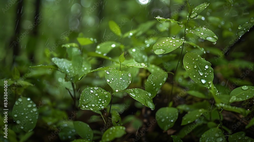 Fresh raindrops on young forest leaves deep in the wilderness. Fresh raindrops on young forest leaves deep in the wilderness.