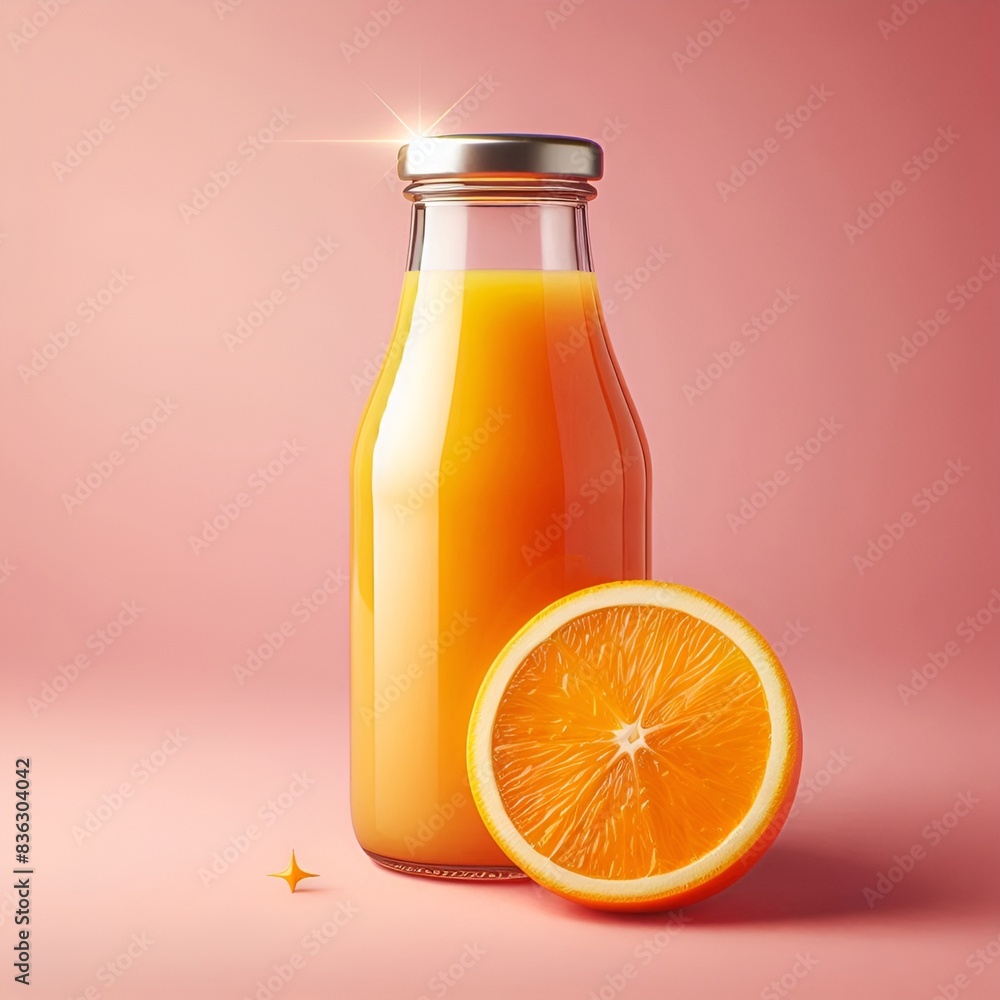 Orange juice in a glass bottle and a piece of orange fruit next to it on a pink background. Product photos. Pro Photo. AI Generated Orange juice in a glass bottle and a piece of orange fruit next to it on a pink background. Product photos. Pro Photo. AI Generated