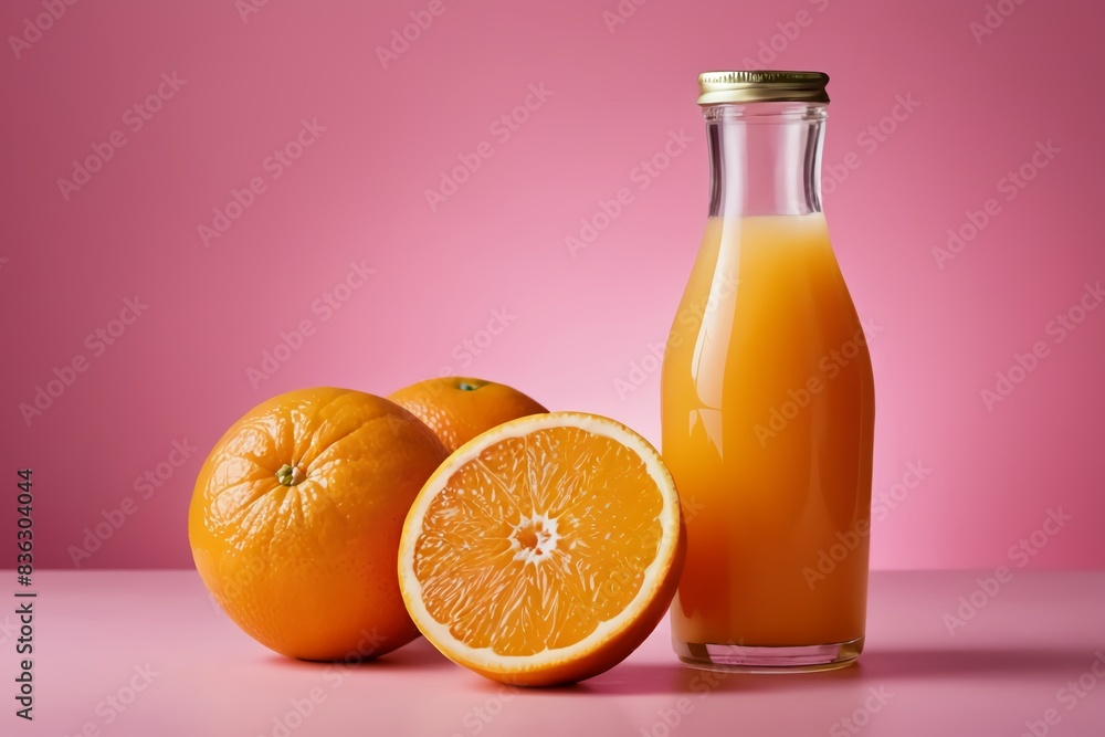 Orange juice in a glass bottle and a piece of orange fruit next to it on a pink background. Product photos. Pro Photo. AI Generated Orange juice in a glass bottle and a piece of orange fruit next to it on a pink background. Product photos. Pro Photo. AI Generated