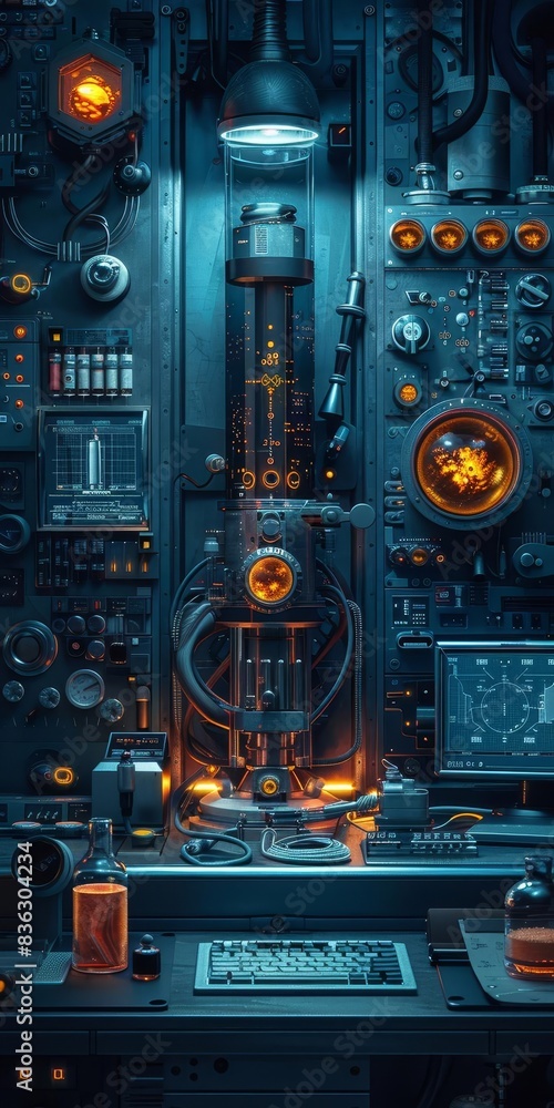 Fototapeta premium Futuristic high-tech control panel with intricate circuits, glowing screens, gauges, and buttons in a dimly lit atmosphere.