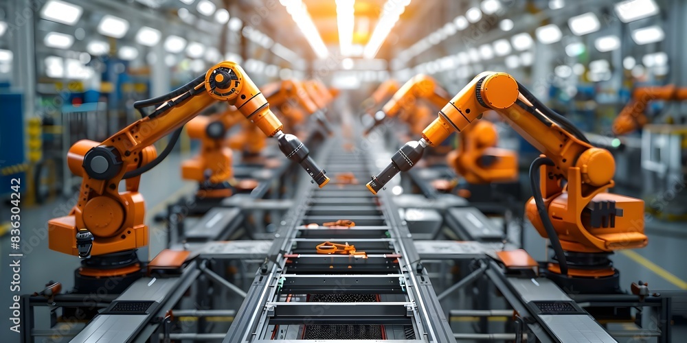 Automated assembly line in a car factory for hightech electric vehicles. Concept Car manufacturing, Assembly line automation, Electric vehicles, High-tech technology, Automotive industry Automated assembly line in a car factory for hightech electric vehicles. Concept Car manufacturing, Assembly line automation, Electric vehicles, High-tech technology, Automotive industry