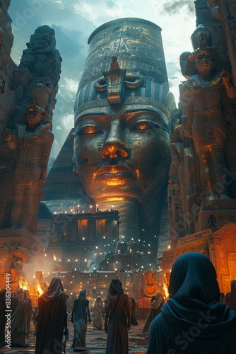Ancient Egyptian statues and giant pharaoh head illuminated by warm lighting, surrounded by mystical figures at dusk. photo
