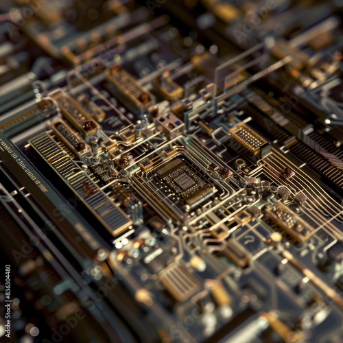 A close up of a computer chip with many wires and metal parts