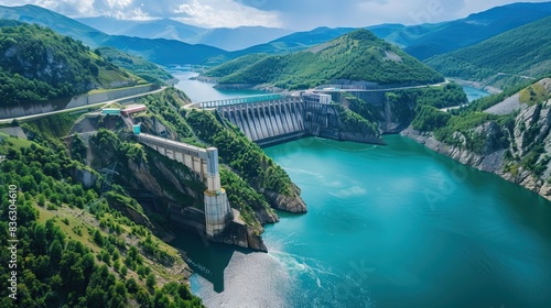 Aerial View of a Large Dam and Reservoir in a Scenic Mountain Landscape photo