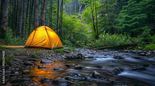 Camping by the Stream in the Forest