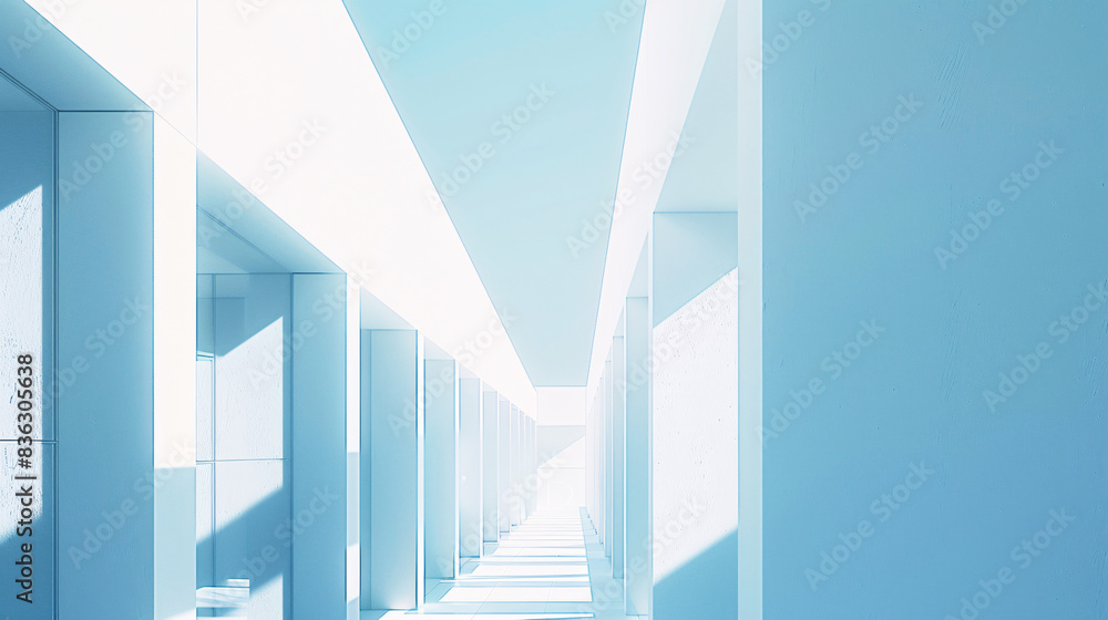 Fototapeta premium Widescreen minimalistic architecture, white and light blue, featuring unique angled columns for banner