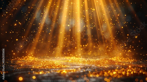 Stage light and golden glitter lights effect with gold rays, beams and falling glittering dust on floor. 