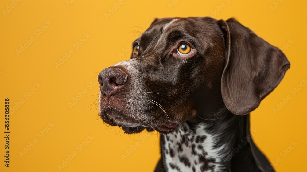 A German Shorthaired Pointer on a yellow background. A German Shorthaired Pointer on a yellow background.