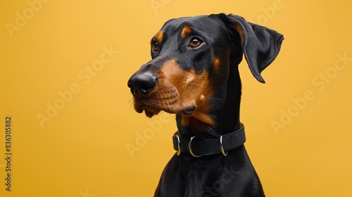 A Doberman Pinscher is a large, muscular, and intelligent dog breed that is often used as a guard dog or police dog photo